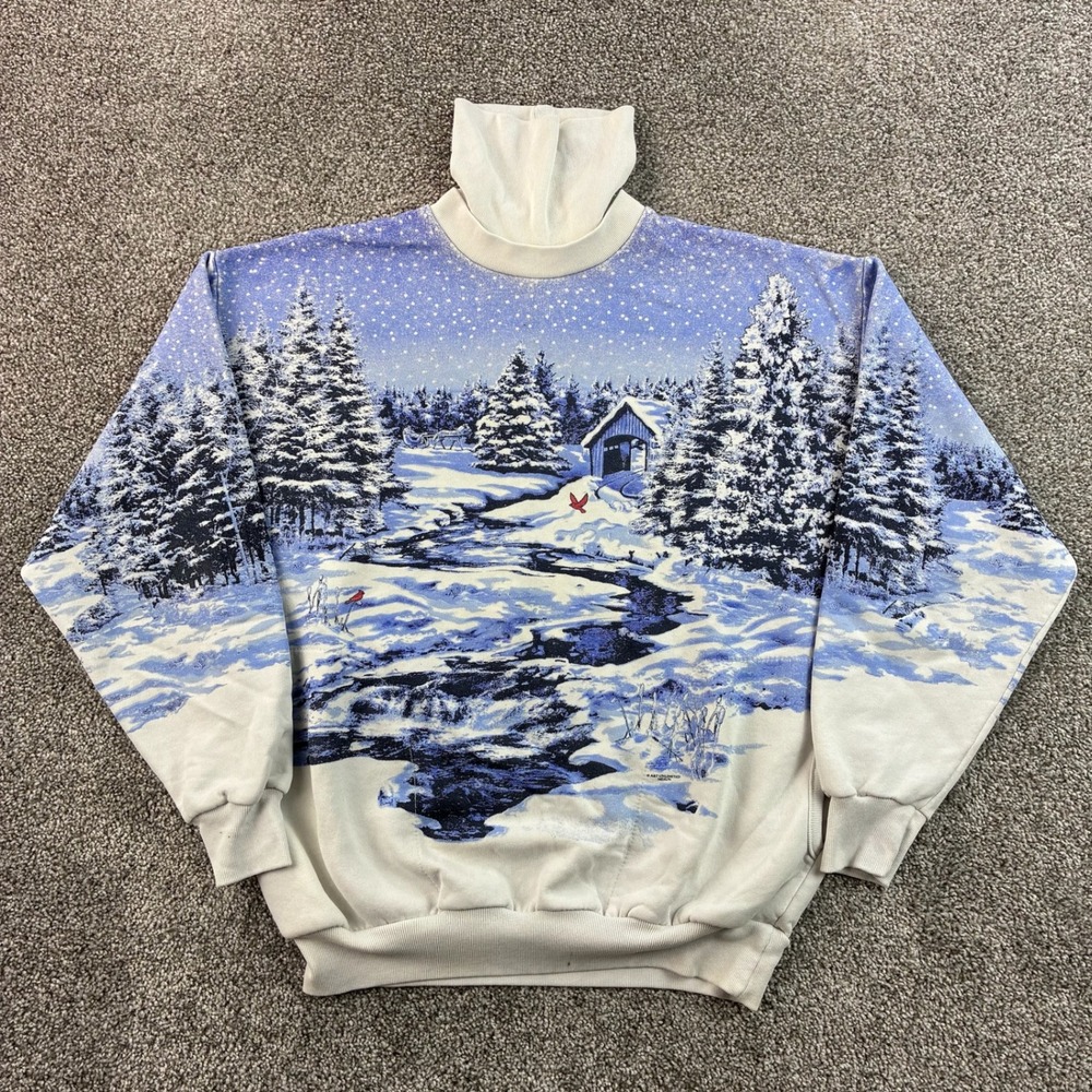 Vintage Art Unlimited Sweatshirt Mens M Winter Cabin All Over Print Mock Neck